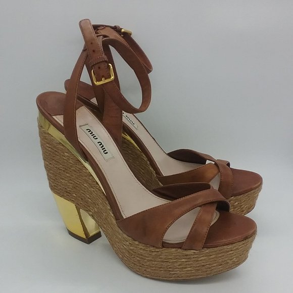 Miu Miu Shoes - Miu Miu Leather/Raffia Gold Heel Sandals